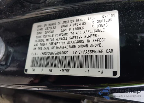 2009 Honda Accord z USA, uszkodzony, nr VIN 1HGCT36879A049020
